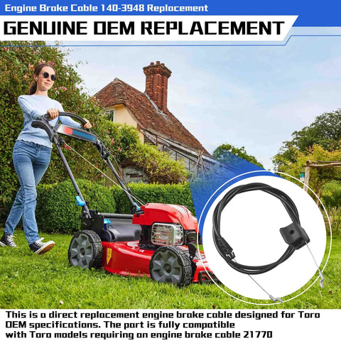 Engine Brake Cable Replacement 140-3948 For Toro 21770 21442 21445 Mowers OEM Direct Replacement Fits Exact Toro OEM Specs Easy Install And Durable Performance., black cable with metal ends shown on a mower
