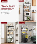 Heavy Duty 5 Tier Storage Shelves With Hooks For Garage And Home Large Capacity Metal Rack With Leveling Feet Wobble Free Organizer For Bedroom Balcony Garage 18.1 By 12.4 By 56.8 Inches Black in different room settings.