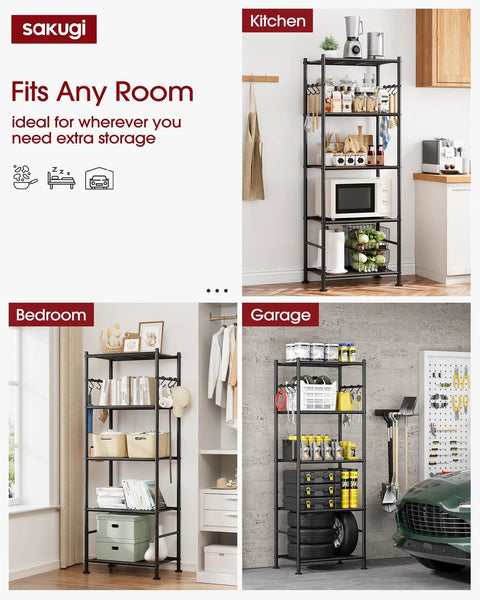 Heavy Duty 5 Tier Storage Shelves With Hooks For Garage And Home Large Capacity Metal Rack With Leveling Feet Wobble Free Organizer For Bedroom Balcony Garage 18.1 By 12.4 By 56.8 Inches Black in different room settings.