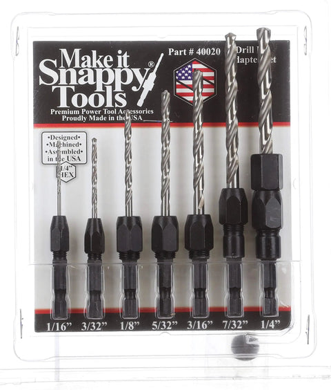 7 Piece Drill Bit Adapters Set One Sixteenth Inch To One Quarter Inch With One Quarter Inch Hex Power Shank For Quick Change Chucks Built For DIY Pros And Professionals Made In USA Now in packaging