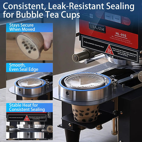 Fully Automatic Electric Cup Sealer With LCD Control Panel sealing 95mm bubble tea cup, black machine in operation, stable heat shown