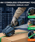 Fengxcxy Handheld Electric PET Strapping Machine With Adjustable Tension For PP PE Plastic Bands Lightweight Portable Tool in use on box.