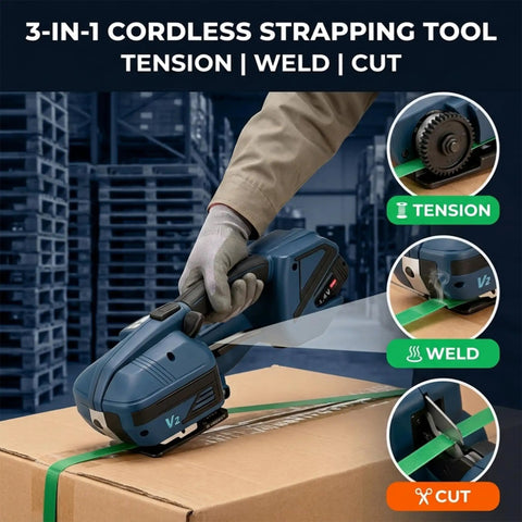 Fengxcxy Handheld Electric PET Strapping Machine With Adjustable Tension For PP PE Plastic Bands Lightweight Portable Tool in use on box.