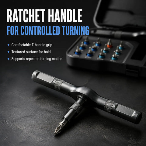 Heavy Duty 24 Piece Magnetic Ratchet Screwdriver Kit With S2 Steel Bits And Durable Aluminum Grip For No Sweat DIY Repairs And Quick Gear Adjustments On The Go, featuring ratchet handle for controlled turning.