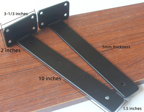 10 Inch Black Hidden L Shelf Brackets Set Of 12 Heavy Duty Iron Floating Shelf Brackets Rustic Industrial Style 5mm Thick Supports Up To 100 Lb Per Pair Matte Black Finish, shown on a wooden board.