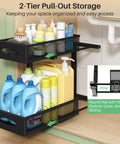 Two Tier Under Sink Organizer With Butter Smooth Mesh Sliding Drawers And Silent Roll Tracks. Adjustable pull-out storage with cleaning supplies.