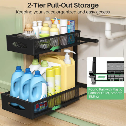Two Tier Under Sink Organizer With Butter Smooth Mesh Sliding Drawers And Silent Roll Tracks. Adjustable pull-out storage with cleaning supplies.