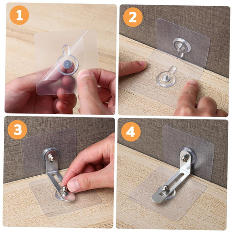 Steps showing installation of 12 Piece Cabinet Anchors Heavy Duty Furniture Safety Straps for childproofing cabinets.