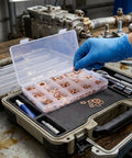 Must Have 350 Piece Copper Crush Washer Kit With M5 M14 Red Flat Rings For Oil Drain Plugs Brake Lines Banjo Bolts Marine Hydraulic Plumbing Stop Leaks With This Set For Car Truck Repairs Rock Solid Seals And Performance For DIYers And Pros. Copper washers in organizer case, mechanic holding M5-M14 seals
