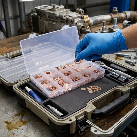Must Have 350 Piece Copper Crush Washer Kit With M5 M14 Red Flat Rings For Oil Drain Plugs Brake Lines Banjo Bolts Marine Hydraulic Plumbing Stop Leaks With This Set For Car Truck Repairs Rock Solid Seals And Performance For DIYers And Pros. Copper washers in organizer case, mechanic holding M5-M14 seals