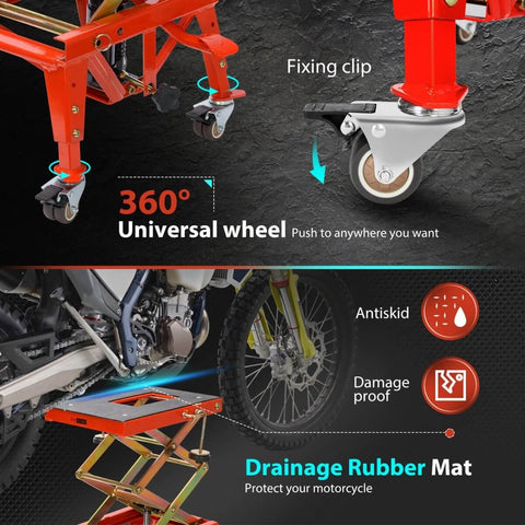 Heavy Duty Hydraulic Motorcycle Lift Jack 350 Lb Capacity, Foot Operated Scissor Stand Table with wheels and rubber mat