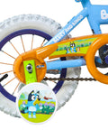 Close-up of Bluey Themed 12 Inch Girls BMX Bike With Coaster Brake, Steel Frame, Training Wheels, Colorful Decals And Bar Pad