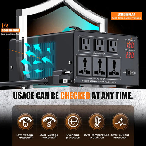 Heavy Duty 8000W Voltage Converter Transformer Plug And Play Step Up 110V Or 120V To 220V Or 240V And Step Down 220V To 110V With Circuit Breaker Protection LCD Display 3 US Sockets 3 Universal Sockets For Travel And Home Use. Side view showing vents and sockets.