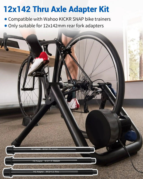 Cyclist using 12x142 Thru Axle Adapter for Wahoo KICKR SNAP Bike Trainer with Aluminum Alloy Construction, showing rear fork adapter.