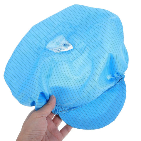 Slick Blue Anti Static Cap Set Made For Cleanroom Tasks And Factory Floors Featuring A Breathable Mesh Build, showing mesh detail.