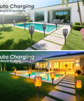 Lit Solar Torch Lights Outdoor With Realistic Flickering Flame 96 LED High Brightness 43 Inch Tall Waterproof Garden Pathway Torches Adjustable Height From 30 To 43 Inches 4 Pack installed in garden.