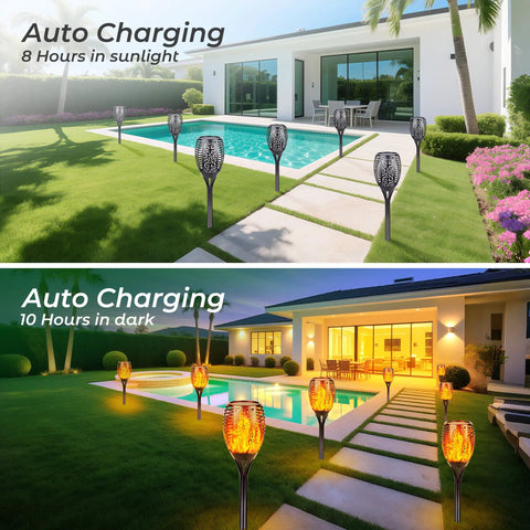 Six Pack Solar Torch Lights With Realistic Flickering Flame, 96 LED Outdoor Pathway Torches by pool, day and night view.