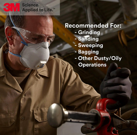Worker wearing Particulate Respirator P95 8271 10 Per Dispenser Pack Light Blue NIOSH Approved For Oil And Non Oil Aerosols with Braided Headbands