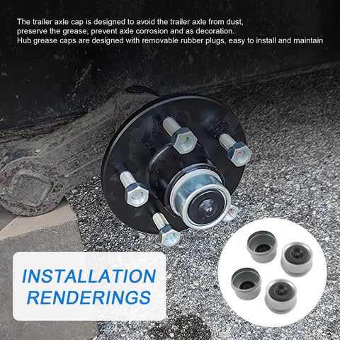 Front view of 4-pack 1.98-inch trailer axle dust cap cup kit with rubber plugs for Dexter EZ Lube axles