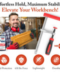 Built Tough Heavy Duty F Clamps Pack A Knockout 630 Pound Grip held by a man, with wood, showcasing durability and grip.