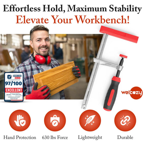 Built Tough Heavy Duty F Clamps Pack A Knockout 630 Pound Grip held by a man, with wood, showcasing durability and grip.
