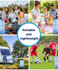 Rechargeable water dispenser for 5-gallon bottle next to family and outdoor activities highlighting portability.