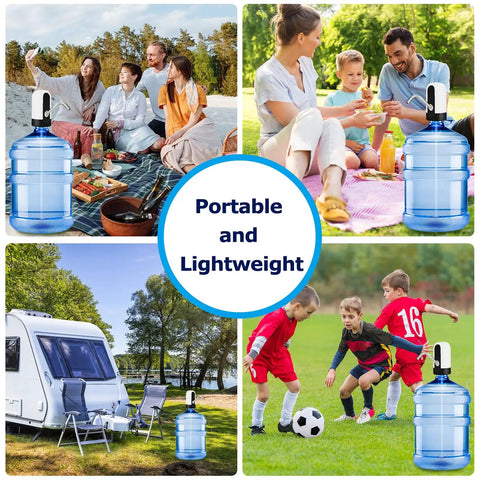 Rechargeable water dispenser for 5-gallon bottle next to family and outdoor activities highlighting portability.
