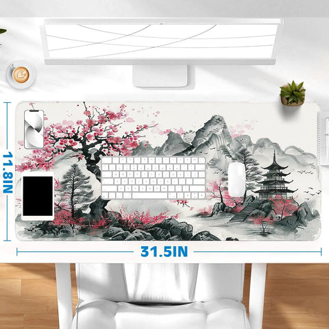XL Desk Pad With Silky Smooth Surface And Exquisite Patterns, 31.5 By 11.8 Inches Large Mouse Pad, non-slip, on office desk