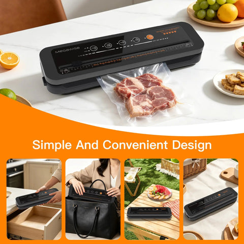 No Sweat Automatic Vacuum Sealer That Works Like A Charm With 80Kpa Suction For Dead Simple Food Preservation on countertop with packaged meat.