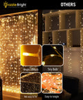 Warm White 300 LED Curtain Lights For Bedroom And Window Backdrop Indoor Outdoor Fairy String Lights For Christmas Holiday Parties Patio Wall Dorm Room Decor Party Ready For Weddings Parties And Seasonal Holiday Decor, featuring glowing lights on a wooden wall.