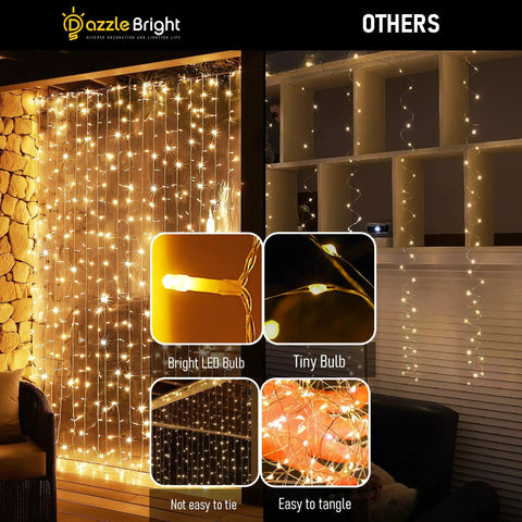 Warm White 300 LED Curtain Lights For Bedroom And Window Backdrop Indoor Outdoor Fairy String Lights For Christmas Holiday Parties Patio Wall Dorm Room Decor Party Ready For Weddings Parties And Seasonal Holiday Decor, featuring glowing lights on a wooden wall.