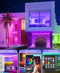 Ultra Long RGB LED Strip Lights With Music Sync, illuminating a modern house exterior in vibrant colors at night