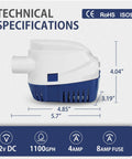 Side view of 12V 1100GPH Automatic Bilge Pump for Boats with Float Switch and Long Power Cord, showcasing dimensions and features.