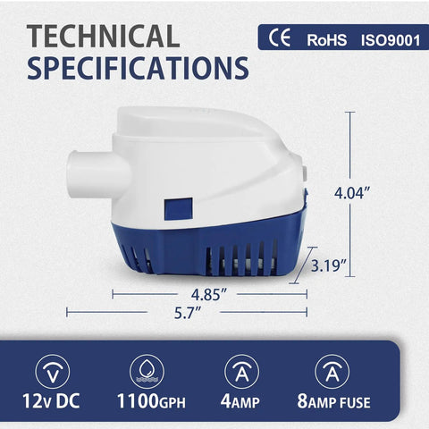 Side view of 12V 1100GPH Automatic Bilge Pump for Boats with Float Switch and Long Power Cord, showcasing dimensions and features.