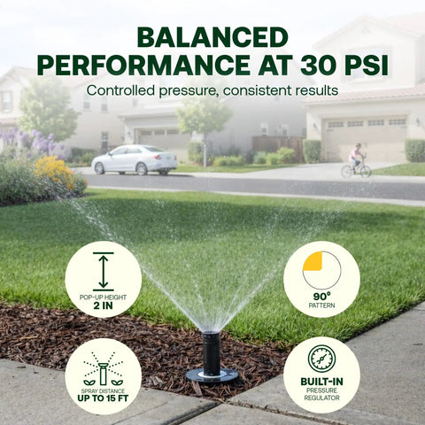 Slick Pressure Regulated Pop Up Sprinkler Head 2 Inch Quarter Circle Irrigation Kit Pack Of 4 in action with 30 PSI performance.