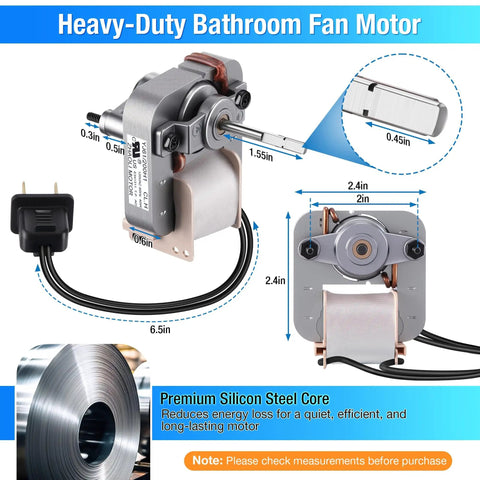 Heavy-duty bathroom fan motor dimensions shown; suitable for 120V 50CFM Bathroom Vent Fan Motor Replacement For Broan NuTone models.