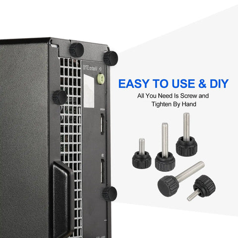 Rock Solid M4 X 6mm Threaded Knurled Thumbscrews on a computer case, showcasing easy manual tightening and adjustment.