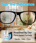 Alcohol Free Glasses Cleaner Kit With Plant Based Microfiber Cloths And Pouch showing clean eyeglass lenses in a bright room