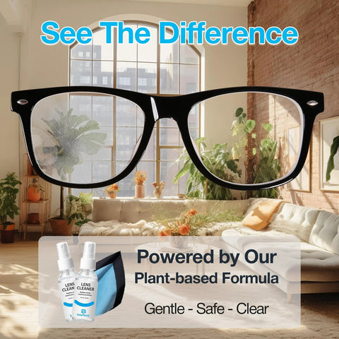 Alcohol Free Glasses Cleaner Kit With Plant Based Microfiber Cloths And Pouch showing clean eyeglass lenses in a bright room