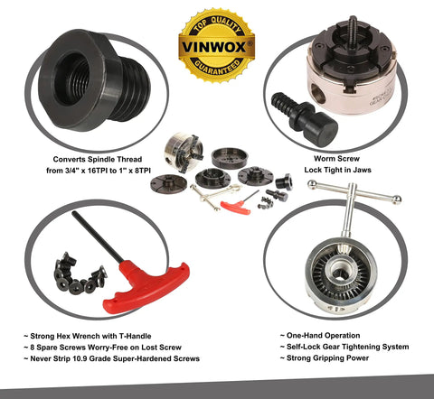 Three And A Half Inch Self Centering Wood Lathe Chuck Set With Round Jaw Mount Includes Step Jaw Pin Jaw Wide Jaw And Adapter Converting 1 By 8 TPI To 3 By 4 TPI Plus Tightening Gear Key T Allen Wrench And Worm Screw Nickel Coated Chuck Body components displayed.