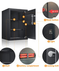 Heavy Duty Home Safe With Digital Keypad Lock Box For Documents Cash Jewelry And Valuables 1.8 Cubic Feet Black Finish Secure Storage For Home Or Office interior view with reset button, light, locking bolt, battery compartment, and shelves.