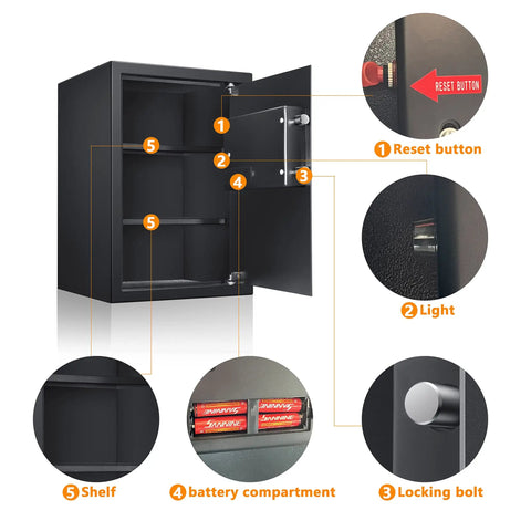 Heavy Duty Home Safe With Digital Keypad Lock Box For Documents Cash Jewelry And Valuables 1.8 Cubic Feet Black Finish Secure Storage For Home Or Office interior view with reset button, light, locking bolt, battery compartment, and shelves.