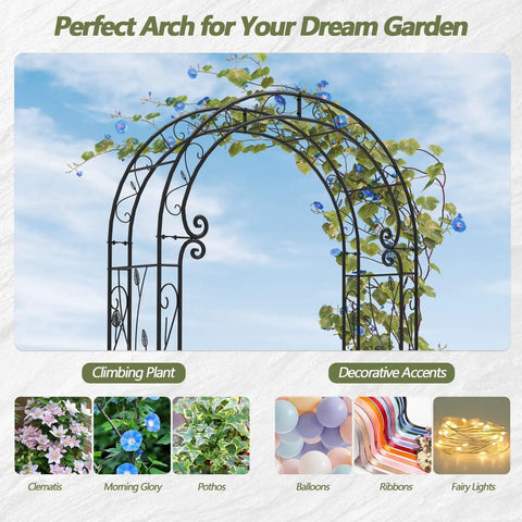 Metal Garden Arch Gate 51 Inch Long By 88 Inch Tall, Rustproof Steel Arch Trellis For Climbing Plants with decorative design.