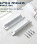 2 Pack Aluminum Drawer Handles 3 Point 5 Inch Low Profile Finger Pulls For Kitchen Cabinets And Dressers White Finish With Screws Durable Rust Proof Hardware No Fuss Easy Install, white aluminum handles and screws on table.
