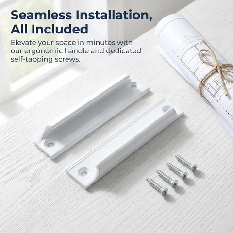2 Pack Aluminum Drawer Handles 3 Point 5 Inch Low Profile Finger Pulls For Kitchen Cabinets And Dressers White Finish With Screws Durable Rust Proof Hardware No Fuss Easy Install, white aluminum handles and screws on table.