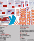 Front view of a 77-piece first aid kit refill with adhesive bandages, gauze pads, tape, scissors, gloves and wipes.