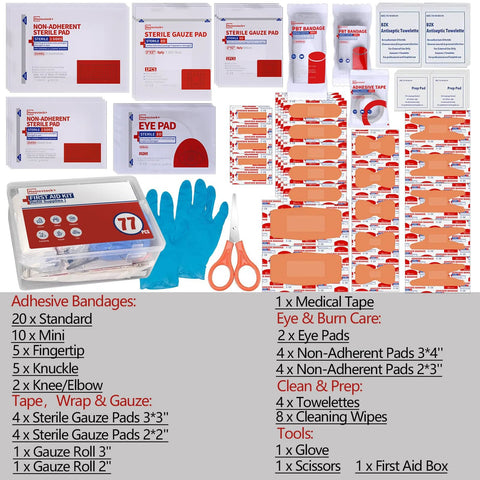 Front view of a 77-piece first aid kit refill with adhesive bandages, gauze pads, tape, scissors, gloves and wipes.