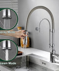 Ialtruistic 2-in-1 High Arc Pull Down Swivel Kitchen Faucet, Chrome in use with spray and stream modes active.