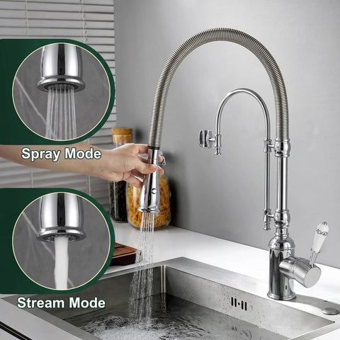 Ialtruistic 2-in-1 High Arc Pull Down Swivel Kitchen Faucet, Chrome in use with spray and stream modes active.