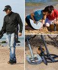 Heavy Duty Serrated Edge Metal Detecting Shovel With Belt Loop Sheath in use on beach, showing metal detecting and treasure discovery.